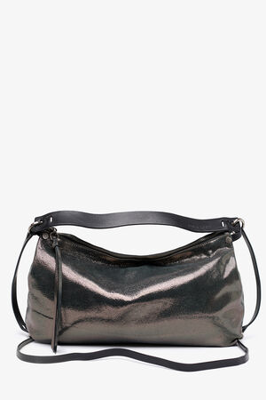Metallic silver shoulder bag with black leather straps and a zippered top by INA KENT, displayed against a plain white background.