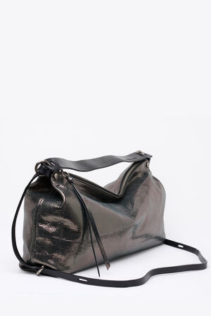 A metallic, dark grey INA KENT shoulder bag with a top handle, zipper closure, and an adjustable crossbody strap, set against a plain white background.