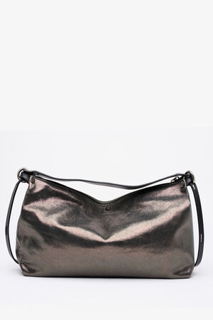 A metallic dark silver INA KENT shoulder bag with a smooth, shiny finish, a zipper closure, and an adjustable strap, displayed against a white background.