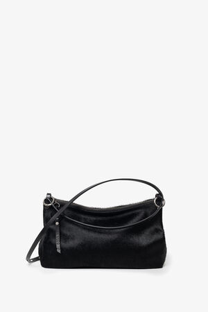 A black INA KENT handbag with a short strap, made of shiny, textured material, displayed against a plain white background.
