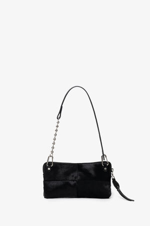 Rectangular black INA KENT clutch with a wrist strap and zipper, featuring a textured, fur-like surface, displayed against a plain white background.