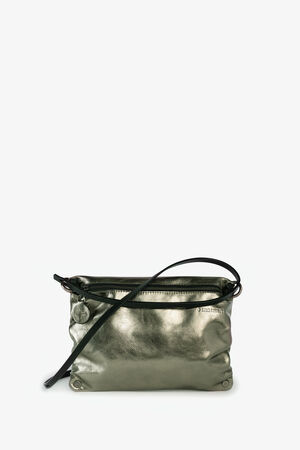 Metallic silver INA KENT crossbody bag with a black strap and a small circular charm.