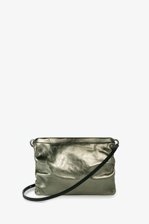 Metallic olive green INA KENT crossbody bag with a thin black strap.