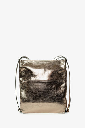 Metallic bronze INA KENT crossbody bag with a front zipper pocket and thin shoulder straps.