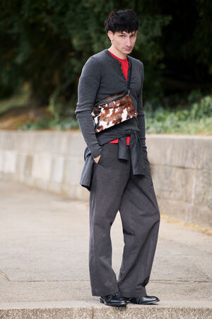 A person stands outdoors wearing a gray cardigan, red shirt, wide-leg gray pants, black shoes, and a cow-print bag across their chest. Greenery and a stone wall are in the background.