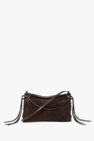Dark brown suede INA KENT crossbody bag with a zipper closure and side fringe details.