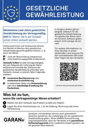 Ein Informationsblatt von INA KENT auf Deutsch, in dem die Verbraucherrechte in der EU und die gesetzlichen Gewährleistungsfristen erläutert werden, einschließlich eines QR-Codes für weitere Informationen.
