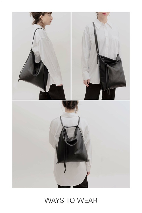 Roomy INA KENT handbag AMPLE ed.1 made of black leather ways to wear as shoulder bag, crossbody bag and backpack