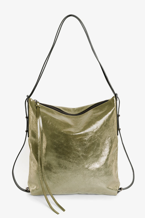 INA KENT versatile leather tote bag made of shimmery green metallic leather AMPLE ed.1 crackled kiwi