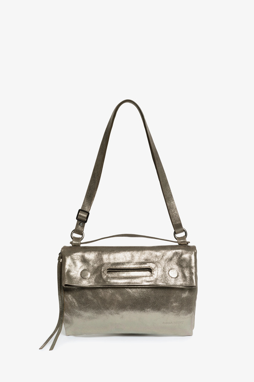 Versatile, practical foldover bag made of shimmery metallic leather ALITA ed.1 crackled anthra