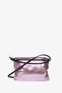 A small, shiny pink INA KENT crossbody bag with a zip closure and a black strap against a white background.