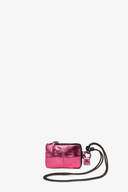 A small metallic pink INA KENT pouch with a black strap and zipper closure on a plain white background.