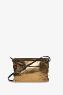 The gold metallic crossbody bag by INA KENT features a black strap and a zipper closure at the top.