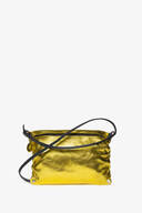 A small, metallic yellow shoulder bag with a black strap and subtle INA KENT branding on the front.