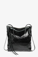 The INA KENT glossy black leather tote bag features two shoulder straps and decorative tassels, embodying elegance and style.