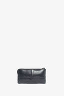The INA KENT black leather zippered pouch stands elegantly against a plain white background, showcasing its sleek design.