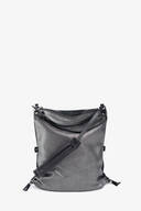 The INA KENT metallic gray leather shoulder bag features a sleek black adjustable strap and zipper closure, all elegantly showcased against a plain white background.