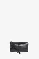 The INA KENT black leather wristlet pouch features a sleek zipper closure and a handy strap, all set against a plain white background.