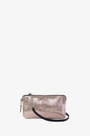 The INA KENT metallic pink leather clutch features a zipper closure, a sleek black strap, and a subtle logo, perfectly blending style with functionality.