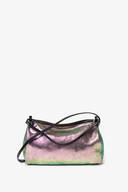 The INA KENT iridescent handbag showcases a stunning gradient from purple to green, complete with a zipper closure and an adjustable black strap, all beautifully highlighted against a crisp white background.