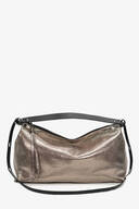 A metallic silver INA KENT handbag with a black adjustable shoulder strap and a zipper closure, photographed against a plain white background.