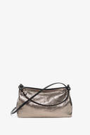 A sleek silver INA KENT purse with a black strap, perfect for adding a touch of modern elegance to any outfit.