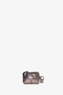 A small, metallic brown leather pouch by INA KENT with a zipper and a metal keyring attachment, placed against a plain white background.