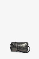 A small rectangular metallic black clutch bag by INA KENT, featuring a wrist strap and a decorative zipper pull, displayed against a plain white background.