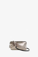 A rectangular metallic silver INA KENT clutch bag with a black strap and silver chain detail, displayed against a plain white background.