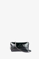 A small, rectangular black patent leather INA KENT handbag with a silver zipper, black strap, and silver bead accents, displayed against a plain white background.