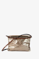 In this picture, there is a rectangular metallic leather bag with brown straps and a shiny, golden surface.