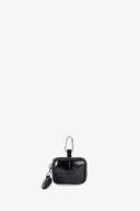A small black patent leather INA KENT AirPods case with a zipper, keychain attachment, and a small tag, displayed on a plain white background.