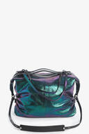 A large iridescent INA KENT handbag with black handles and an adjustable black shoulder strap, displayed against a plain white background.