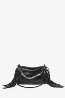 An INA KENT black leather shoulder bag with a glossy finish, side fringe details, top zipper closure, and adjustable strap, displayed on a plain white background.