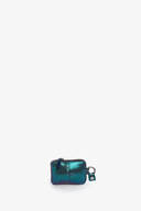 Small, rectangular, metallic teal zippered pouch by INA KENT with a keyring attachment, displayed against a plain white background.