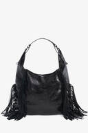A black leather INA KENT hobo bag with a single shoulder strap and long fringe details on both sides, photographed against a plain white background.