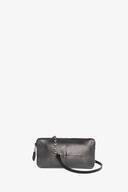 Graue rechteckige INA KENT Handtasche mit kurzem, asymmetrischem, schwarzem Riemen und metallischem Kettendetail