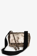 A metallic gold INA KENT crossbody bag with a flap closure, decorative zipper pulls, and a wide black adjustable shoulder strap, displayed against a white background.