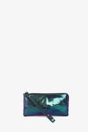 A metallic, iridescent INA KENT clutch wallet with a wrist strap, shown against a plain white background.