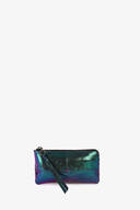 Small rectangular zippered wallet by INA KENT in iridescent metallic colors with a wrist strap, set against a plain white background.
