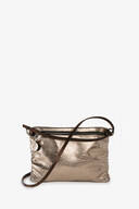 Metallic gold INA KENT crossbody bag with a zippered top, smooth texture, and a thin dark strap, shown against a plain white background.