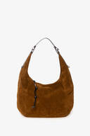 Brown suede INA KENT hobo bag with a single shoulder strap, black cord detail, and minimalist design, set against a white background.