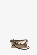 A metallic gold rectangular clutch bag with a wrist strap from INA KENT, set against a plain white background.