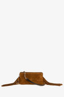 Brown suede INA KENT clutch bag with zipper closure, long leather wrist strap, and fringe detailing on both sides, displayed against a plain white background.