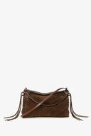 An INA KENT brown suede crossbody bag with side tassels, a zippered top, and a thin brown leather strap, set against a plain white background.