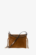 Brown suede INA KENT crossbody bag with a front zipper, black adjustable strap, and decorative side tassels, displayed against a plain white background.