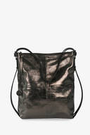 A metallic black leather INA KENT tote bag with two thin shoulder straps and a small round charm attached to one strap, shown against a white background.