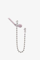 A silver beaded ball chain keychain by INA KENT with two clasps, a pink round charm, and a pink rectangular tag attached.