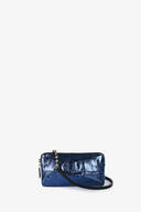 A small, rectangular metallic blue INA KENT handbag with a black strap and silver bead accents, displayed against a plain white background.