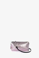 A small, rectangular metallic pink INA KENT clutch bag with a black wrist strap and silver zipper against a plain white background.